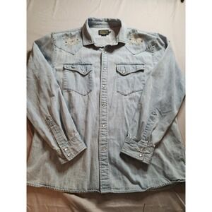 Pendleton Mens XL Light Wash Denim Western Pearl Snap Shirt Embroidered Geometr